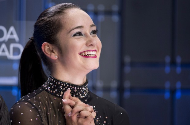 Canada's Kaetlyn Osmond reacts to her marks for her short program in the women's competition at Skate Canada International Friday, October 26, 2012 in Windsor, Ont. THE CANADIAN PRESS/Paul Chiasson